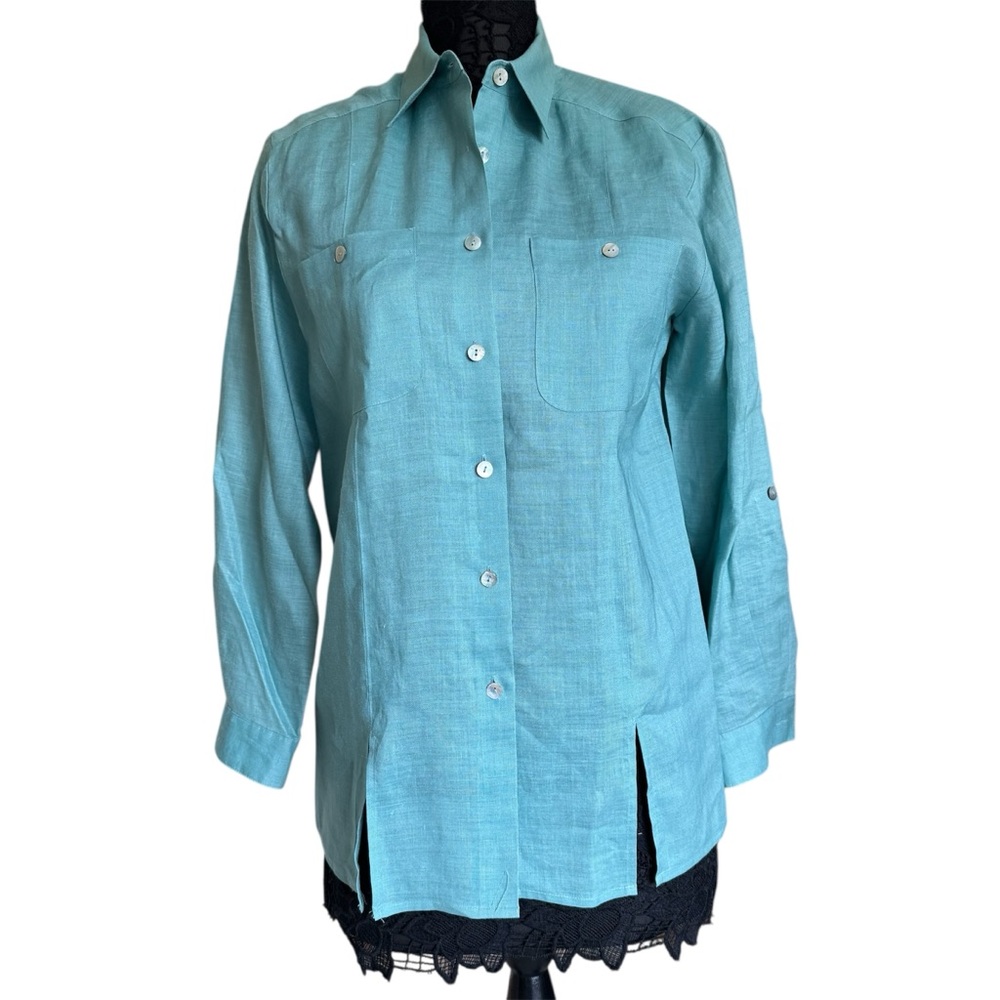 Jordan Vintage Blue Green Teal Linen Button-Down Oversized Shirt Top